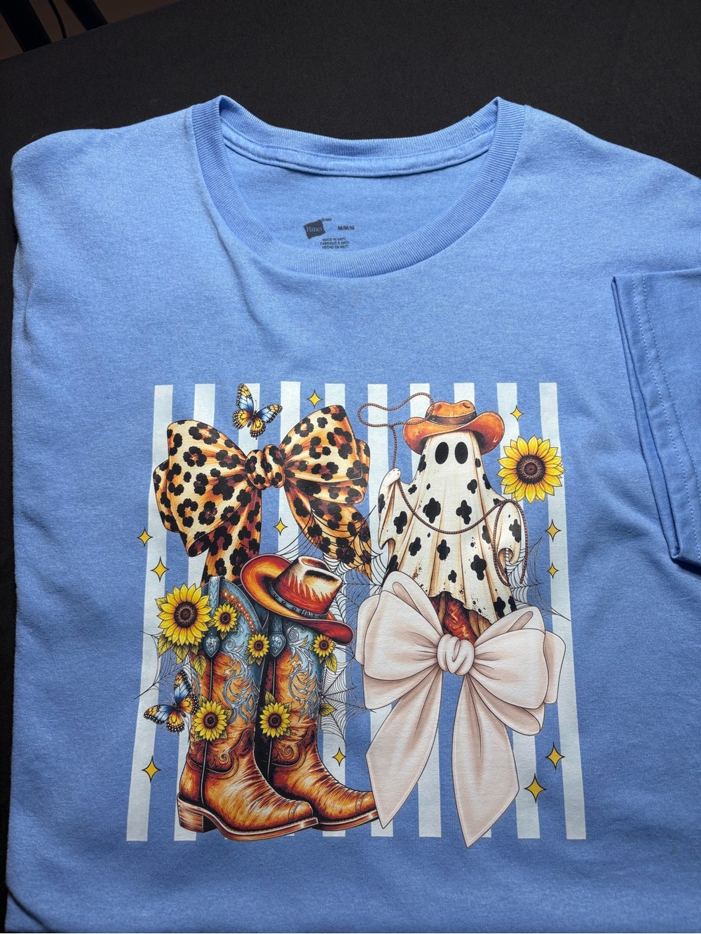 Hanes Light Blue Graphic Tee with Cowboy Boots, Sunflowers & Bows